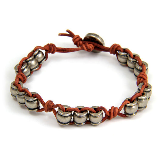 Silver Collared Barrel Beads Rust Leather Bracelet with Button Closure