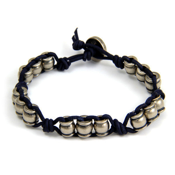 Silver Collared Barrel Beads Pure Denim Leather Bracelet with Button Closure