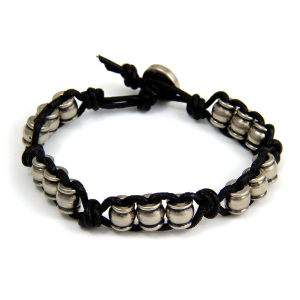 Silver Collared Barrel Beads Black Leather Bracelet with Button Closure
