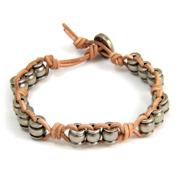 Silver Collared Barrel Beads Tan Leather Bracelet with Button Closure