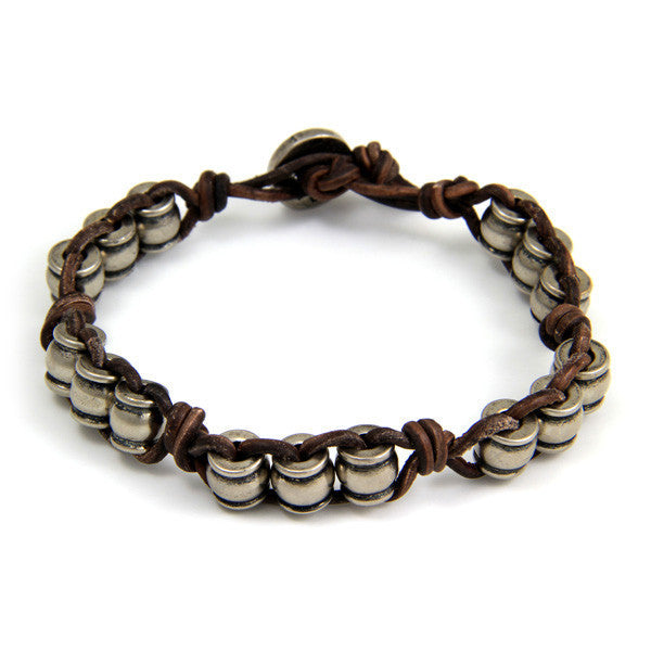 Silver Collared Barrel Beads Brown Leather Bracelet with Button Closure