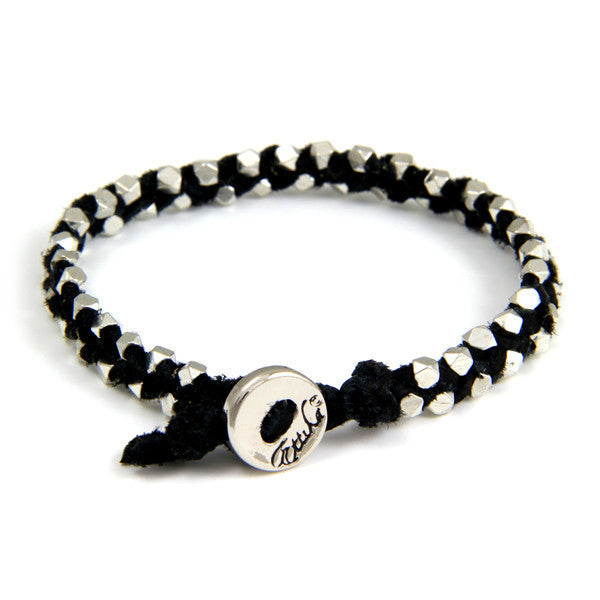 Double Silver Faceted Bead Mens Bracelet on Black Leather