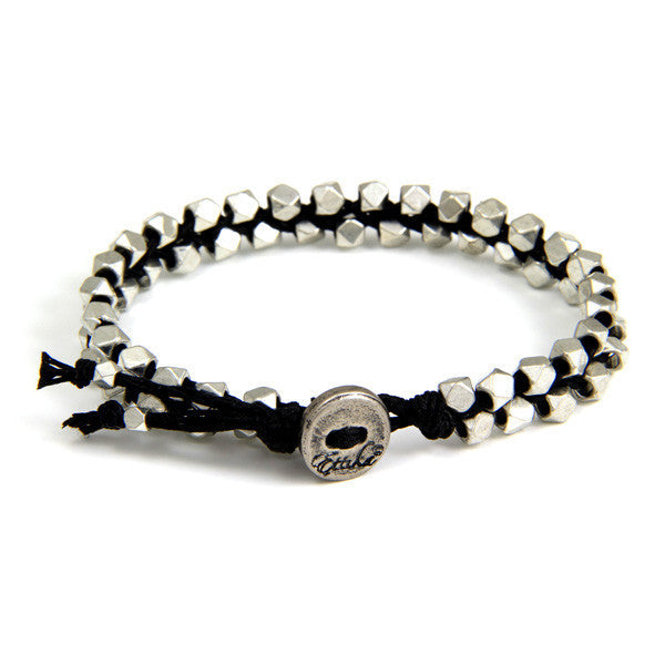 Double Silver Faceted Bead Mens Bracelet on Black Waxed Linen