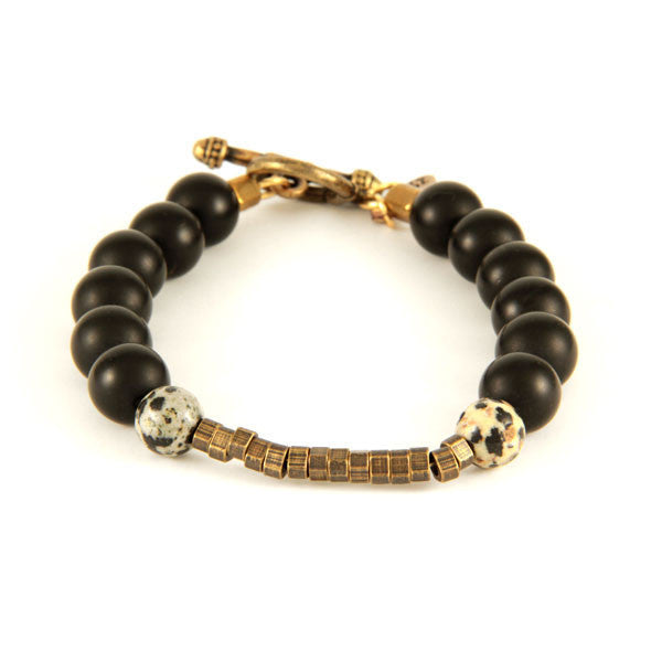 Mens Agate Beaded Bracelet with Dalmatian Stone and Tiny Square Gold Beads