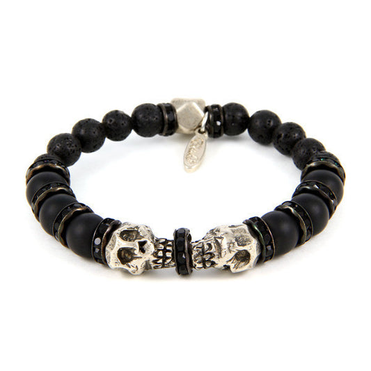 Mens Silver Twin Skulls and Black Rondelle Elastic Bracelet