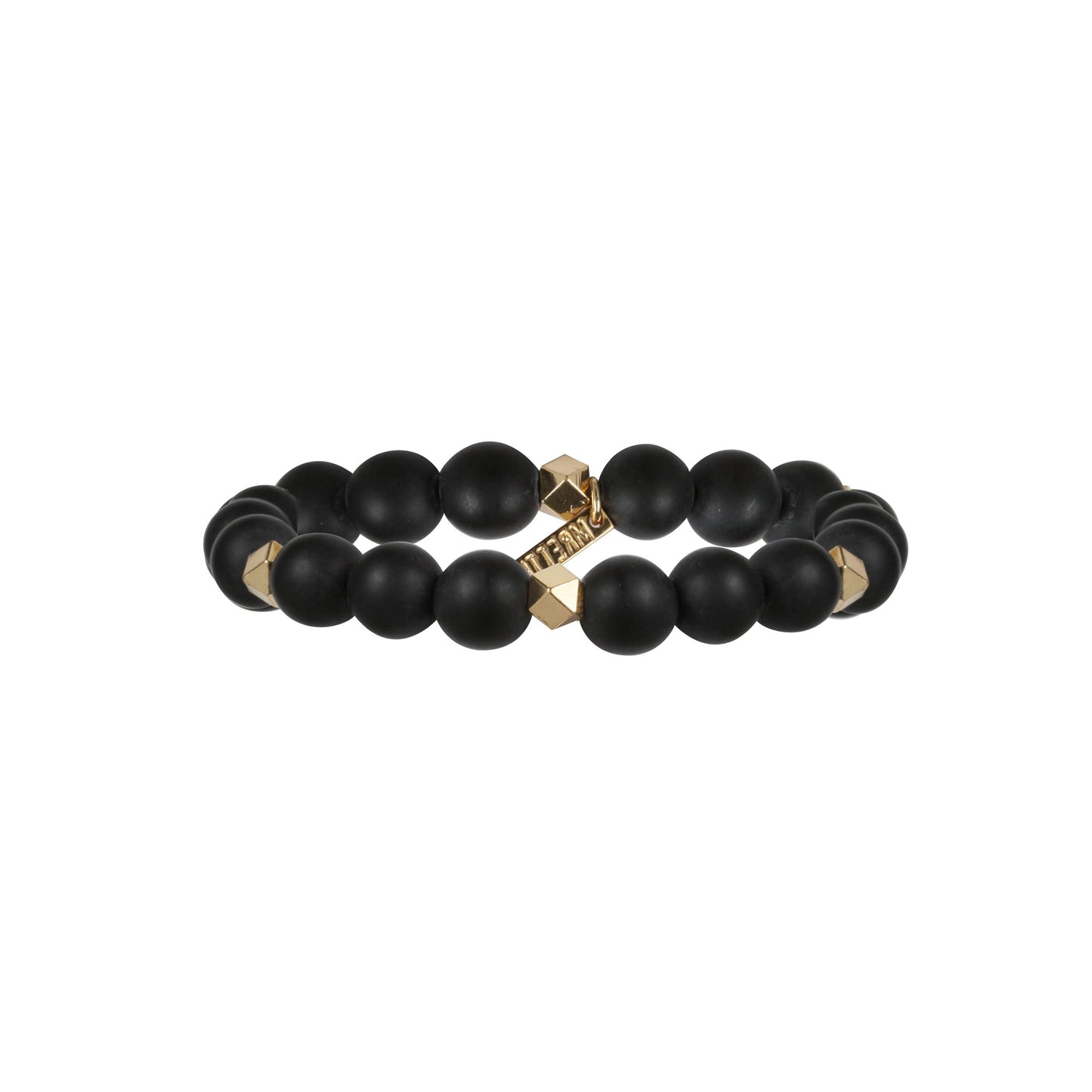 Mens Black Agate Bead Bracelet with Brass Faceted Beads
