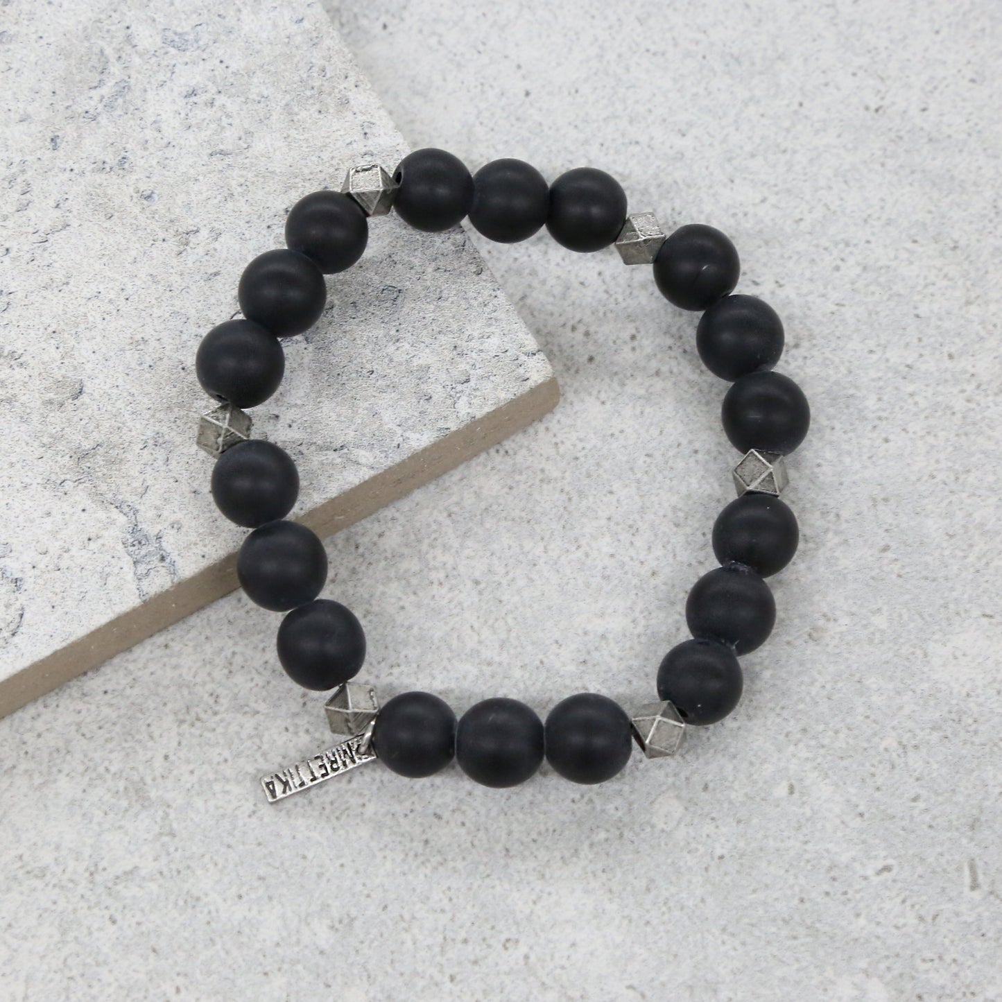 Mens Black Agate Bead Bracelet with Silver Faceted Beads