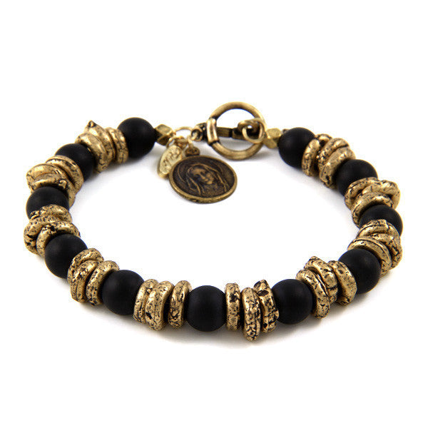 Mens Brass Donut Rings and Black Agate Beaded Bracelet with Mary Shield