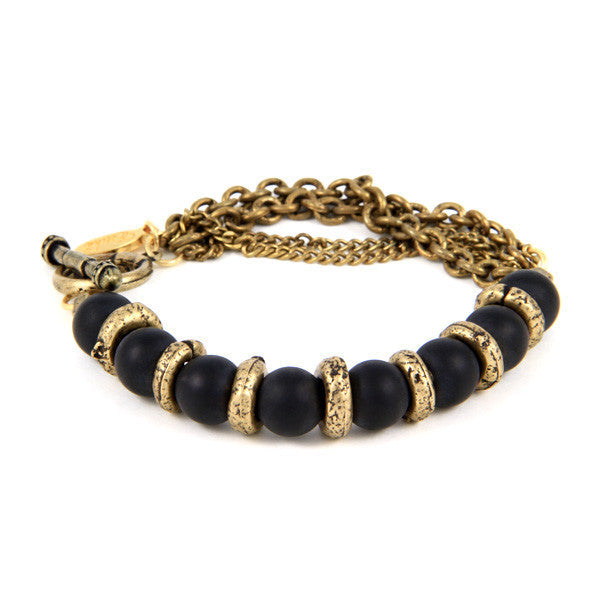 Mens Brass Donut Rings with Black Agate Beads and Chain Bracelet