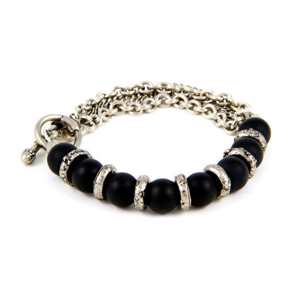 Mens Silver Donut Rings with Black Agate Beads and Chain Bracelet