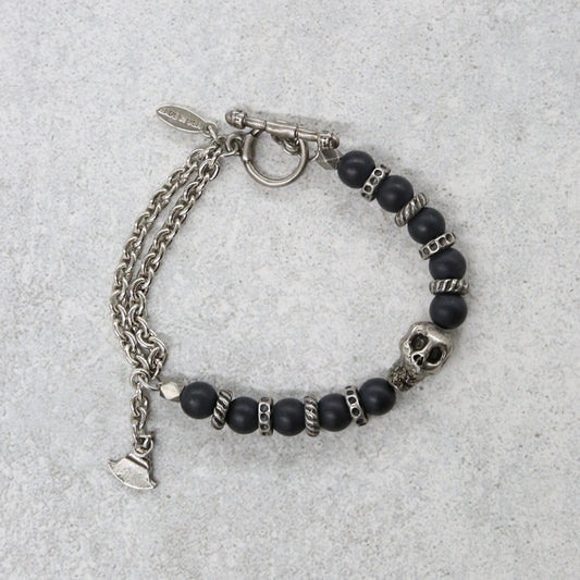 Mens Silver Skull with Black Agate Beads and Chain Bracelet