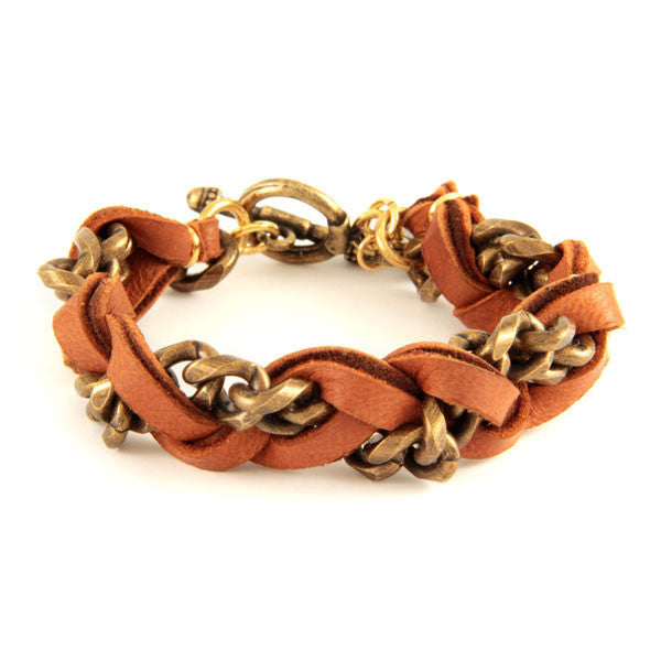 Mens Rust Deerskin Bracelet with Chain Intertwined