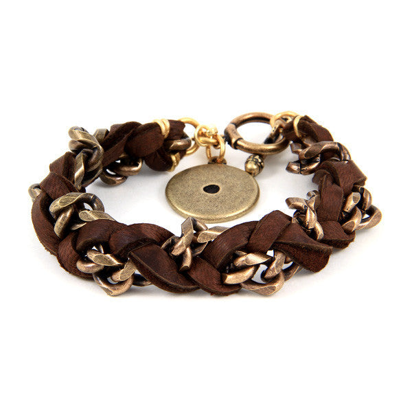 Deerskin and Chain Intertwined Bracelet with Disc Charm