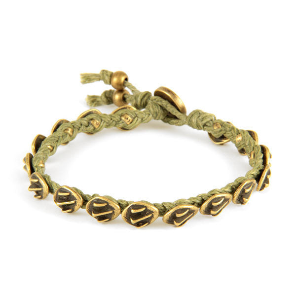 Mens Olive Braided Waxed Linen Bracelet with Alligator Charms