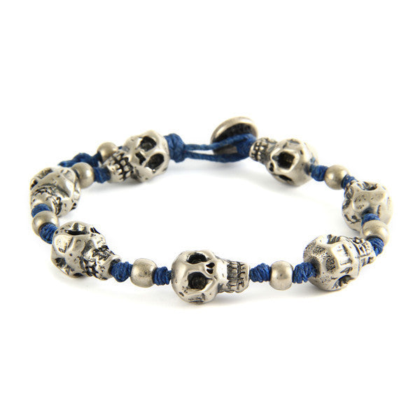 Skull Blue Strand Irish Waxed Linen Bracelet with Round Bead Spacer