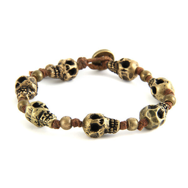 Skull Brown Strand Irish Waxed Linen Bracelet with Round Bead Spacer