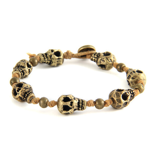 Skull Tan Strand Irish Waxed Linen Bracelet with Round Bead Spacer