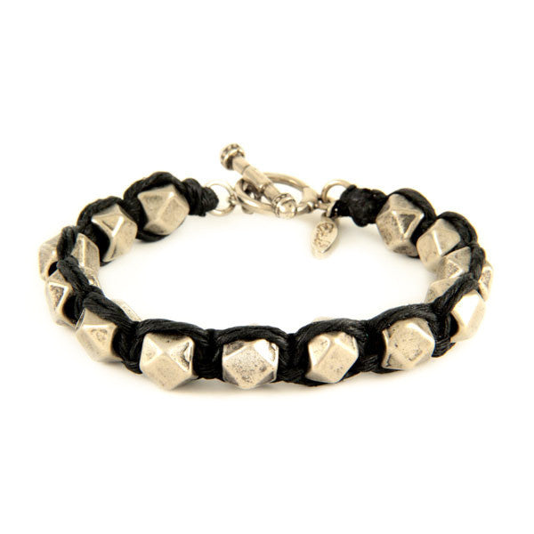 Mens Black Waxed Linen Bracelet with Large Faceted Beads