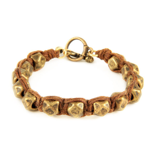 Mens Brown Waxed Linen Bracelet with Large Faceted Beads