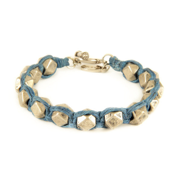 Mens Denim Waxed Linen Bracelet with Large Faceted Beads