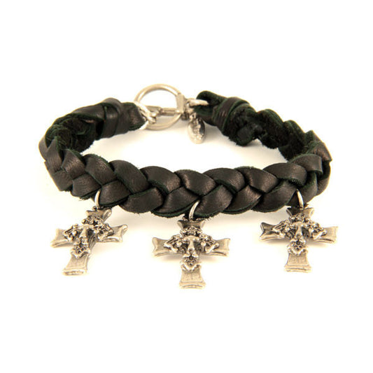 Mens Black Braided Deerskin Leather Bracelet with Cross Charms