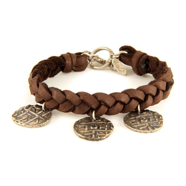 Mens Brown Braided Deerskin Leather Bracelet with Ancient Coin Charms
