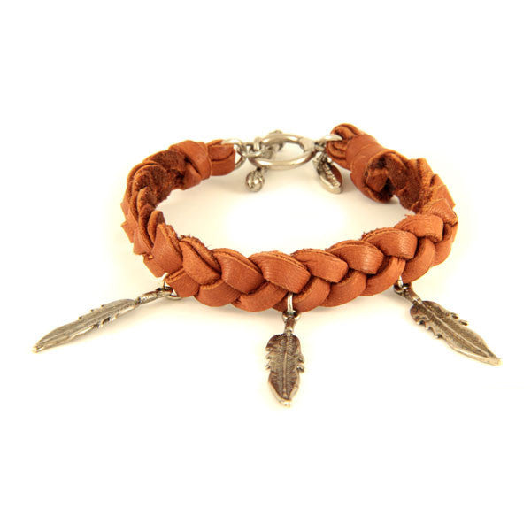 Mens Rust Braided Deerskin Leather Bracelet with Feather Charms