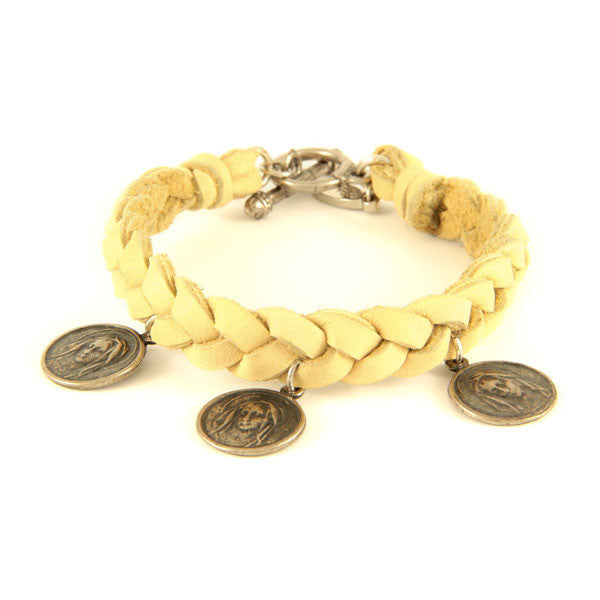 Mens Tan Braided Deerskin Leather Bracelet with Mary Face Charms