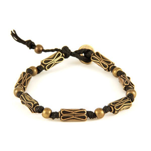 Mens Black Waxed Linen Beaded Bracelet