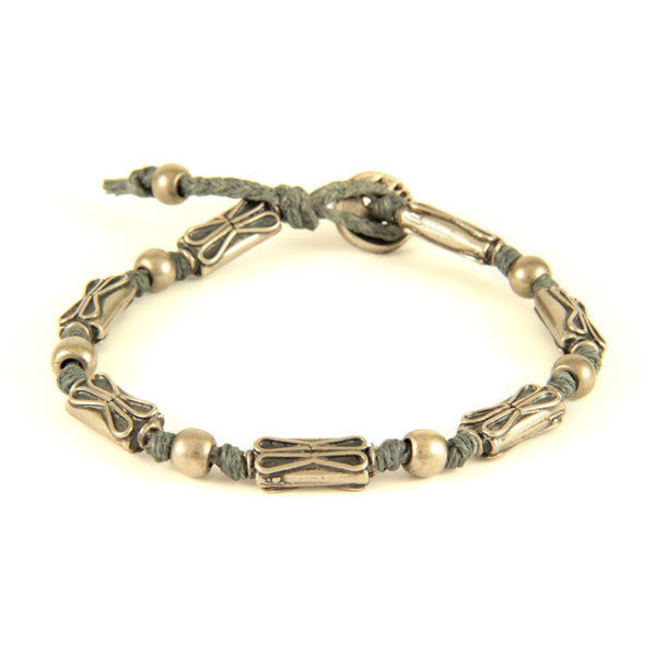 Mens Gray Waxed Linen Beaded Bracelet
