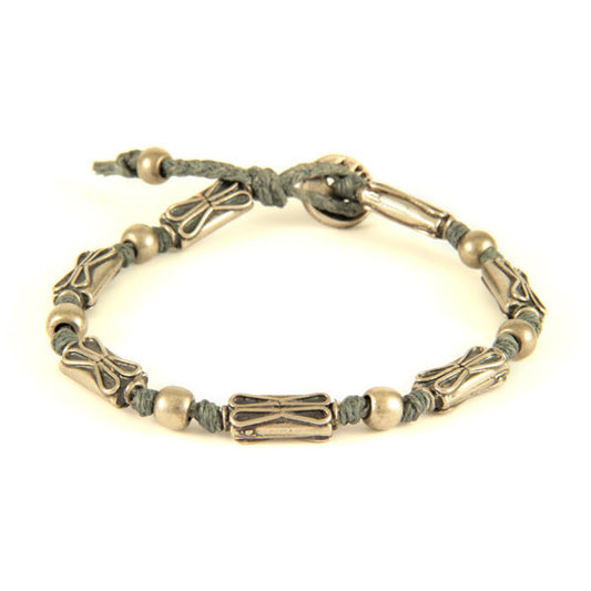 Mens Gray Waxed Linen Beaded Bracelet