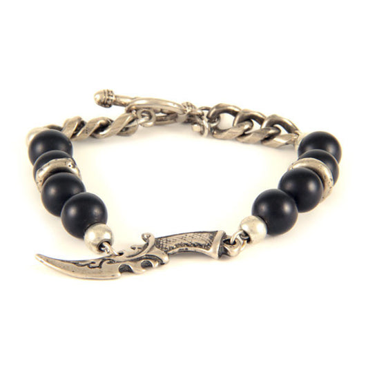 Mens Black Agate Beaded Bracelet with Silver Chain and a Dagger Charm