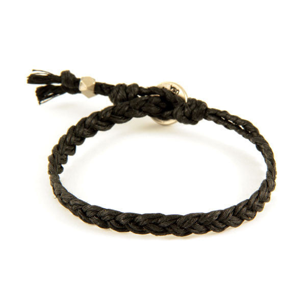 Mens Black Braided Waxed Linen Bracelet with Silver Beads