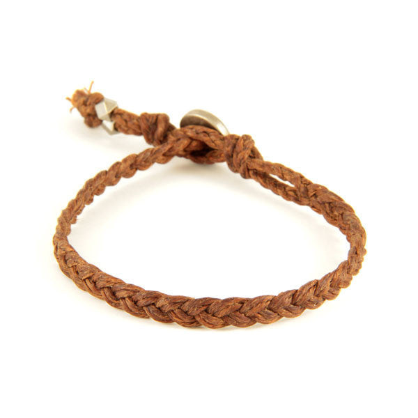 Mens Brown Braided Waxed Linen Bracelet with Silver Beads