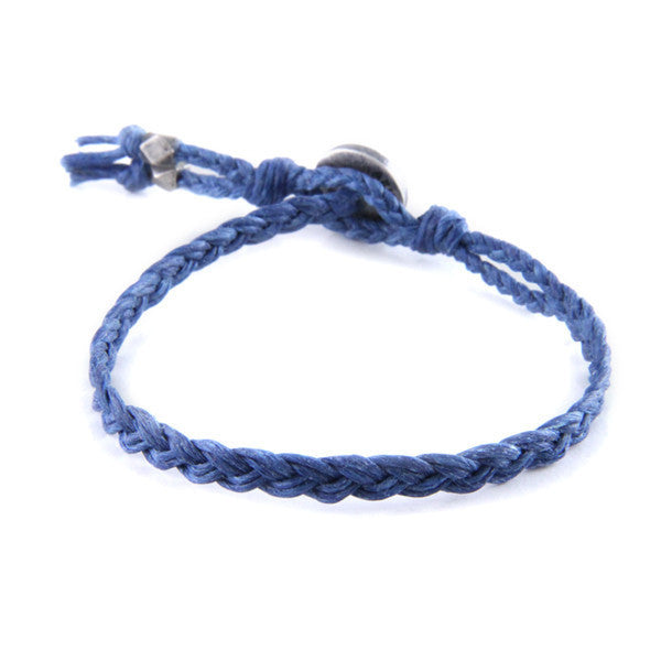 Mens Blue Braided Waxed Linen Bracelet with Silver Beads