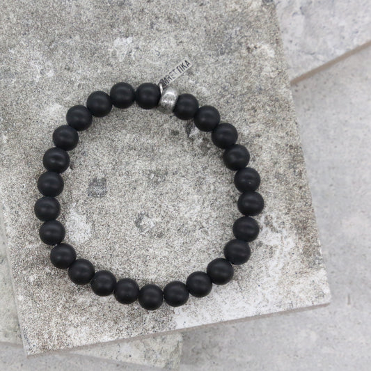 Mens Agate Beaded Elastic Bracelet with Silver Bead