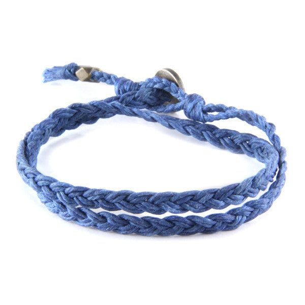 Mens Braided Blue Waxed Linen Double Wrap Bracelet with Brass Beads