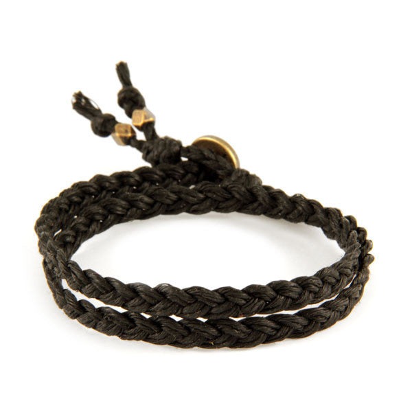 Mens Braided Black Waxed Linen Double Wrap Bracelet With Brass Beads
