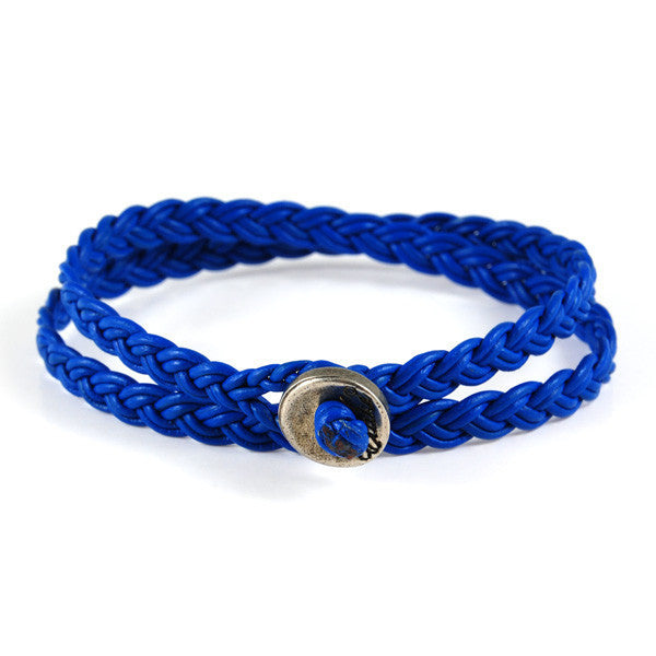 Blue Braided Men's Leather Wrap Bracelet with Silver Button Closure