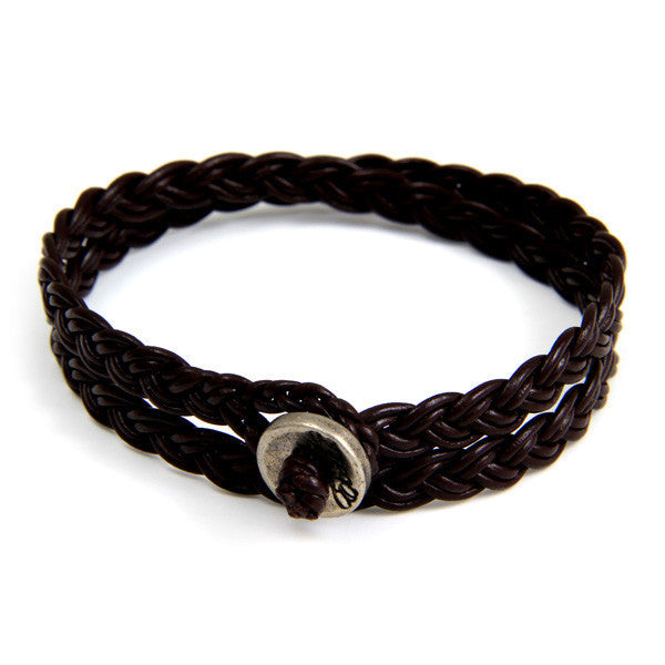 Brown Braided Men's Leather Wrap Bracelet with Silver Button Closure