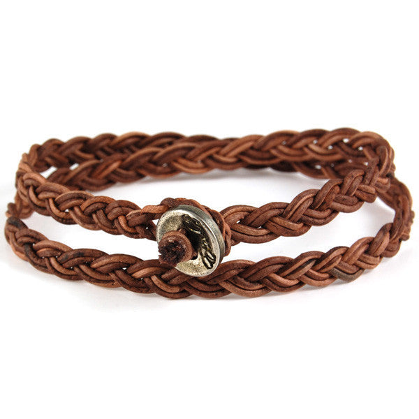Coco Brown Men's Leather Wrap Bracelet with Silver Button Closure