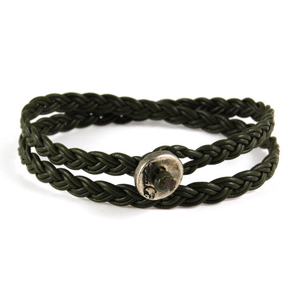 Olive Men's Leather Wrap Bracelet with Silver Button Closure