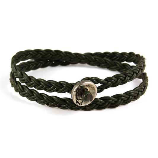 Olive Men's Leather Wrap Bracelet with Silver Button Closure