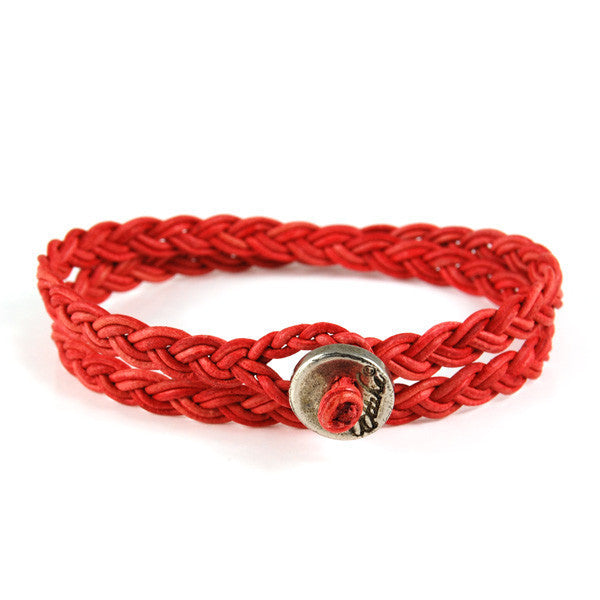 Sunset Red Men's Leather Wrap Bracelet with Silver Button Closure