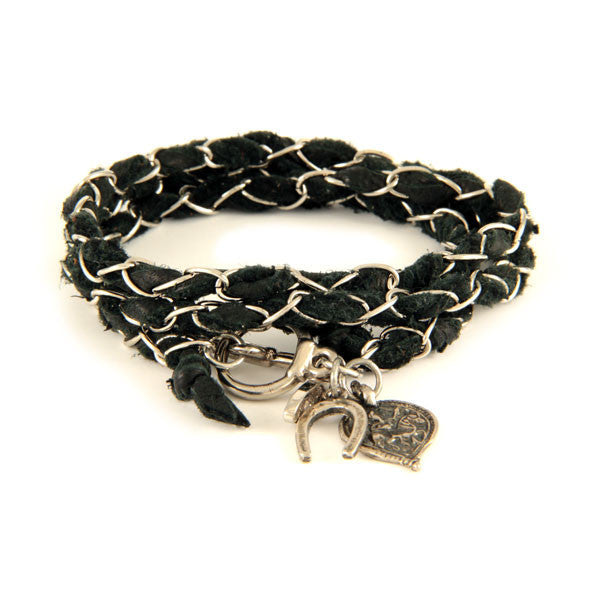 Mens Black Lamb Leather Intertwined with Chain Wrap Bracelet with Charms