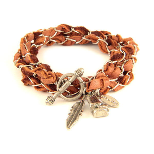 Mens Rust Lamb Leather Intertwined with Chain Wrap Bracelet with Charms