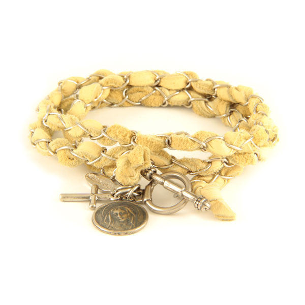 Mens Tan Lamb Leather Intertwined with Chain Wrap Bracelet with Charms
