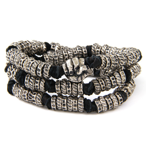 Leather and Donut Beads Wrap Around Bracelet witn Knuckle Charm