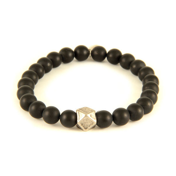 Elastic Bracelet with Semi Precious Black Agate Stones and Faceted Bead