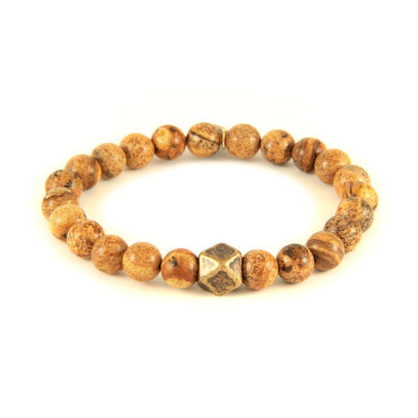 Elastic Bracelet with Semi Precious Jasper Stones and Faceted Bead